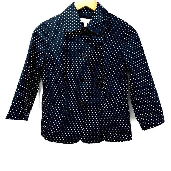 Talbots Blazer Womens Petite 2 2P Blue White Polka Dot 3/4 Sleeve Button Up - Picture 1 of 7